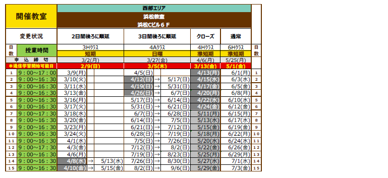 初任者研修日程表（浜松教室）